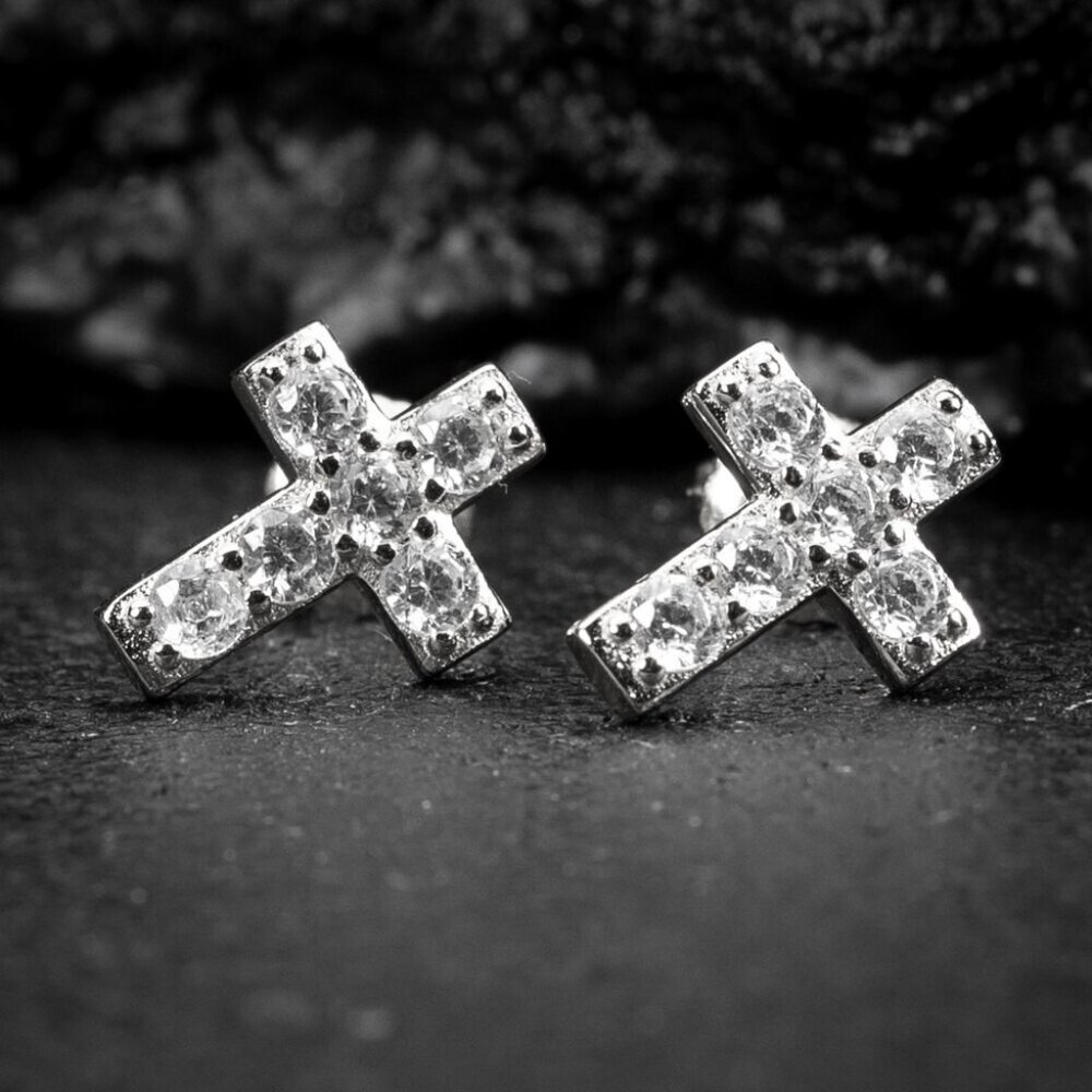 White Gold Plated Sterling Silver Iced Solitaire Cross Stud Screw Back Earrings